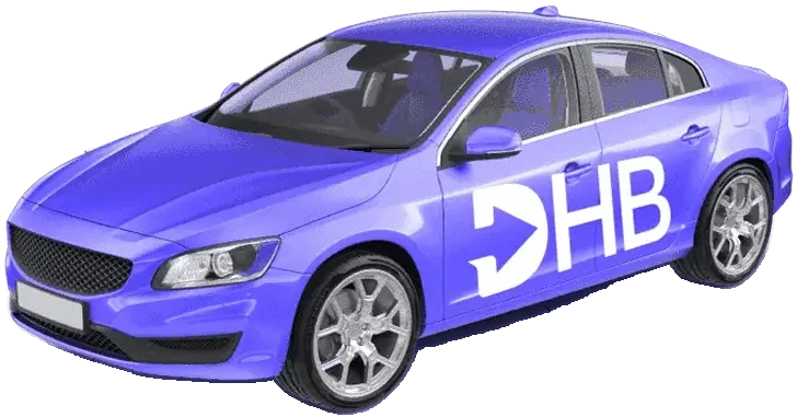 DHB-branded violet delivery car