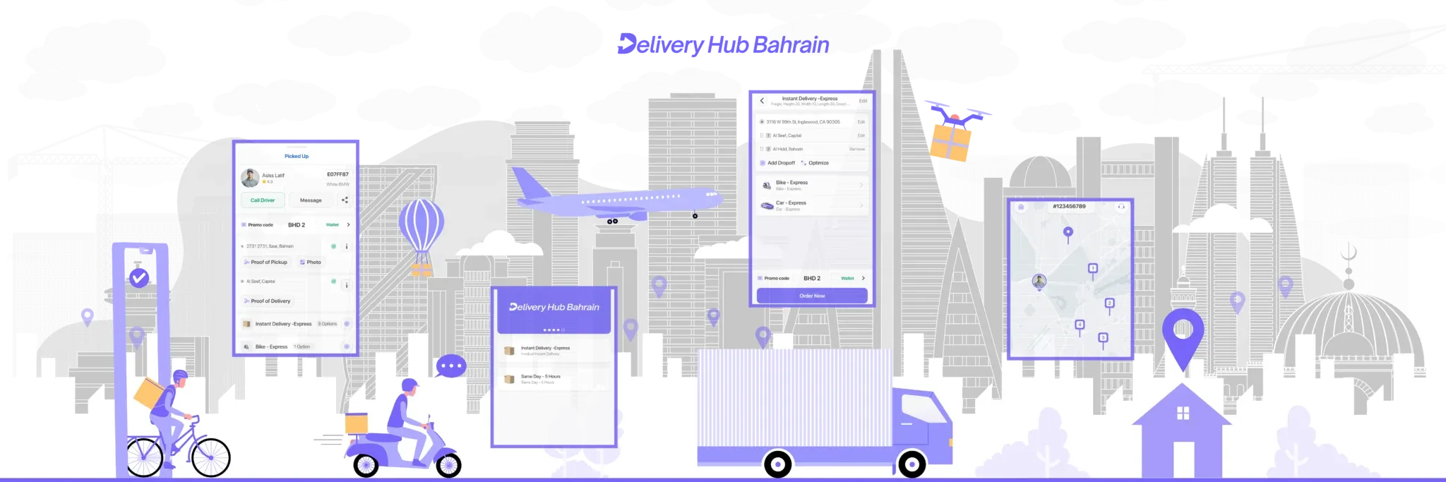 Illustrated Bahrain skyline with DHB riders, a delivery van, a drone and app screens