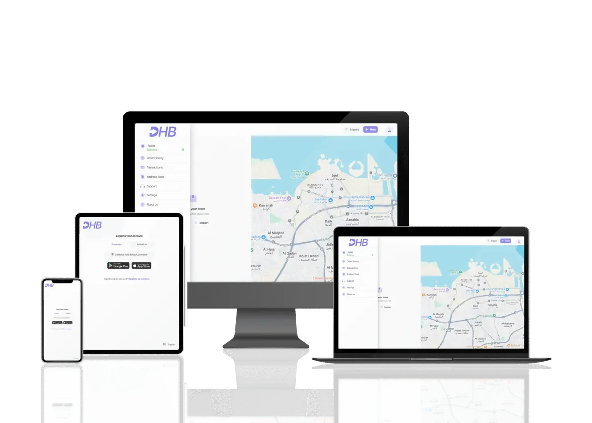 The DHB app on phone, tablet, laptop and desktop, showing the order map of Bahrain